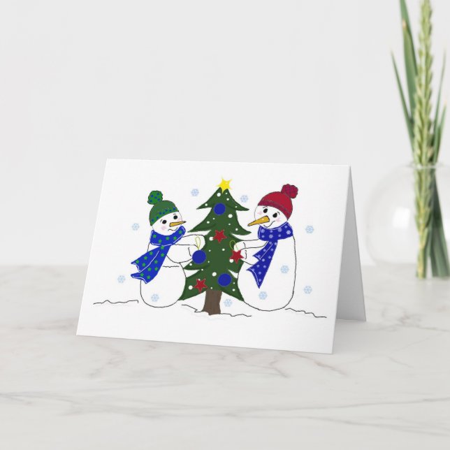 Muñecos de nieve decorando un árbol de Navidad (Anverso)