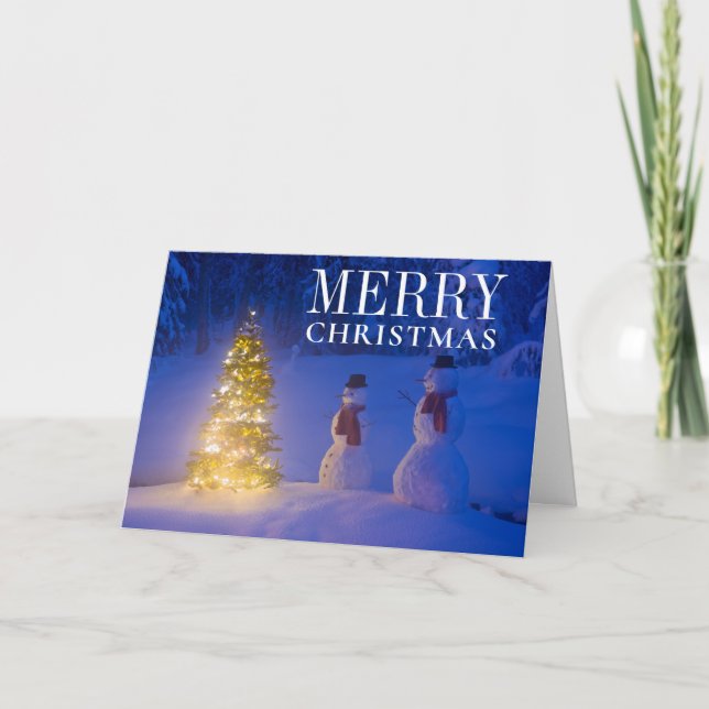 Muñecos de nieve junto al árbol de Navidad (Anverso)