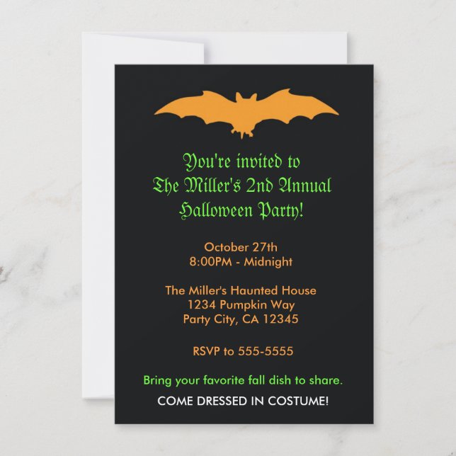 Murciélago naranja de Halloween en invitación a fi (Anverso)