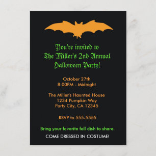 Murciélago naranja de Halloween en invitación a fi