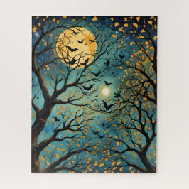 Murciélagos de luna azul y oro en el rompecabezas 