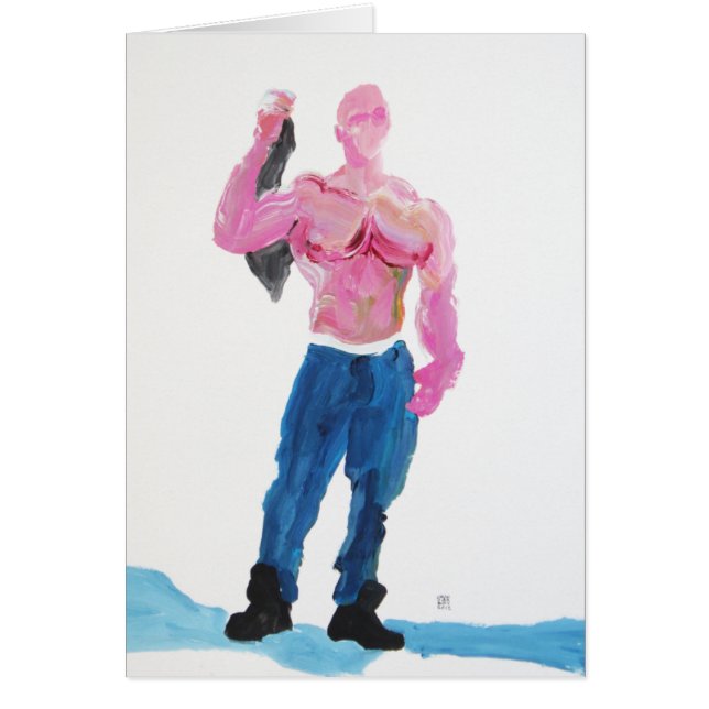 Muscleman rosado que sostiene la camiseta (Frente)
