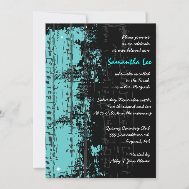 Music Notes Stars Bar Mitzvah Invitación Aqua (Anverso)
