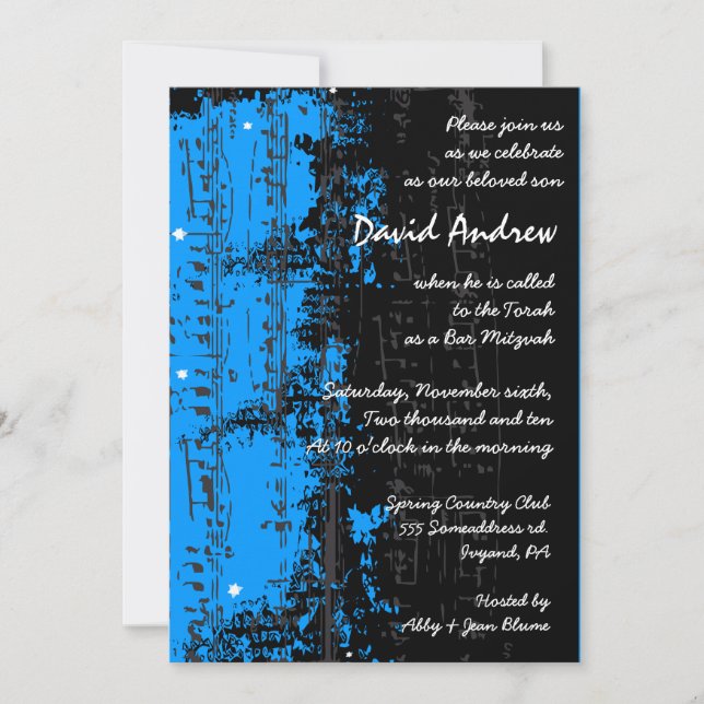 Music Notes Stars Bar Mitzvah Invitación blue (Anverso)