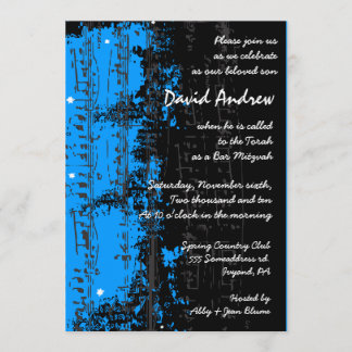 Music Notes Stars Bar Mitzvah Invitación blue