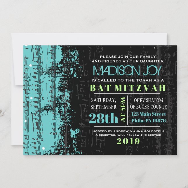 Music Notes Stars Bar Mitzvah Invitación Turquoise (Anverso)