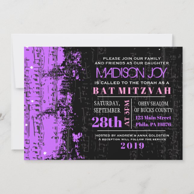 Music Notes Stars Bar Mitzvah Invitación Violet (Anverso)