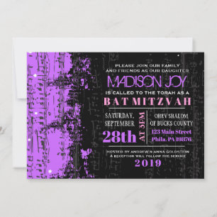 Music Notes Stars Bar Mitzvah Invitación Violet