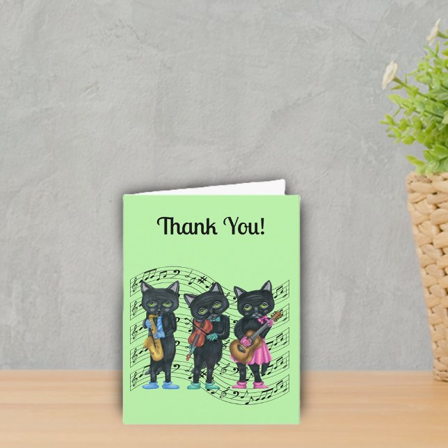 Música Black Cats Música Notas Instrumentos Verde (Black Cat musicians on sheet music instruments colourful clothes on green Thank You card.)