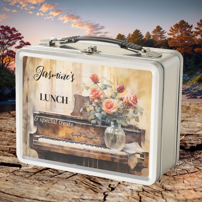 Música de Rosas de piano romántico (Romantic lunch box featuring a watercolor painting of a piano with red roses in a vintage style)