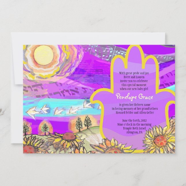 Música Hemsa Naming Baby Invitación Hebrea (Anverso)
