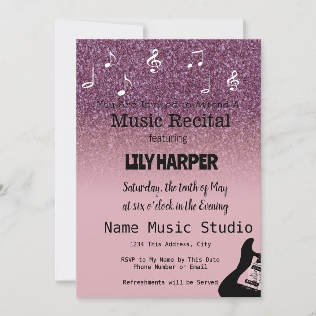 Música Recital Elegante Nota Confetti Invitación (Anverso)