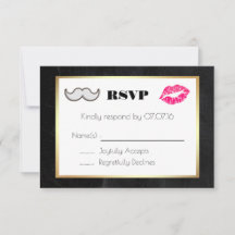 Mustache and Lips Black and Gold Wedding RSVP