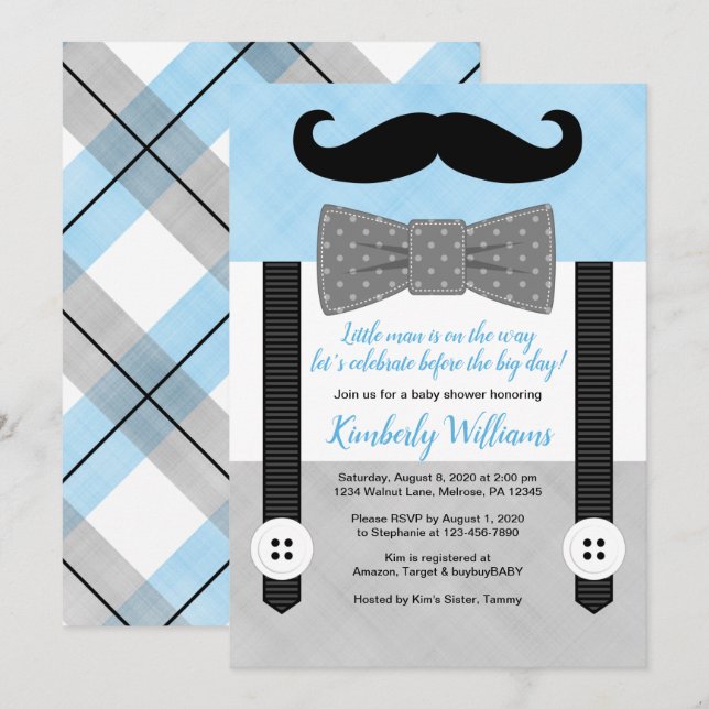 Mustache baby ducha invitación pequeño azul (Anverso / Reverso)