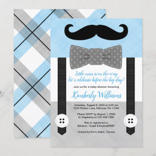Mustache baby ducha invitación pequeño azul