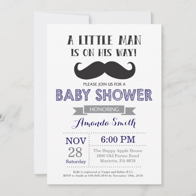 Mustache Baby Shower Invitación a la marina azul y (Anverso)