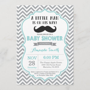 Mustache Baby Shower Invitación Aqua y Grey