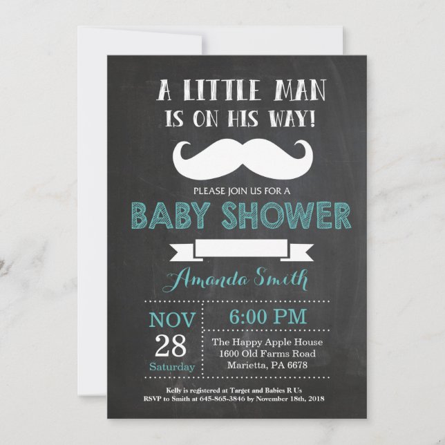 Mustache Baby Shower Invitación Aqua y Gris (Anverso)