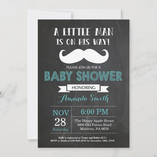 Mustache Baby Shower Invitación Aqua y Gris (Anverso)
