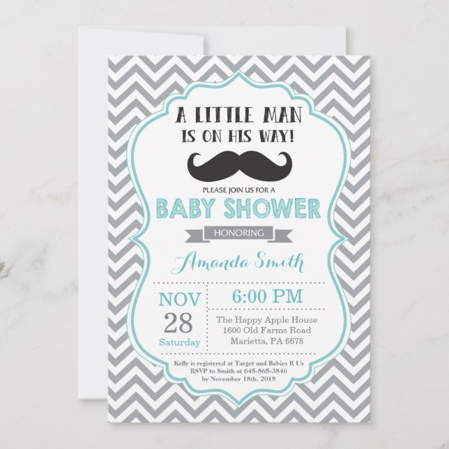 Mustache Baby Shower Invitación Aqua y Gris (Anverso)