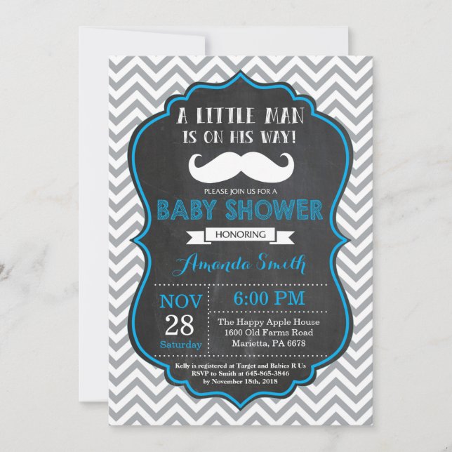 Mustache Baby Shower Invitación azul y gris (Anverso)