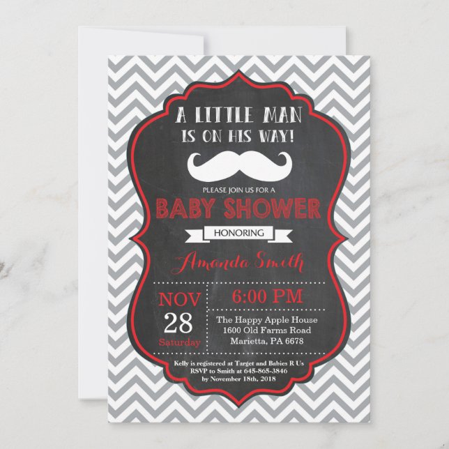 Mustache Baby Shower Invitación rojo y gris (Anverso)