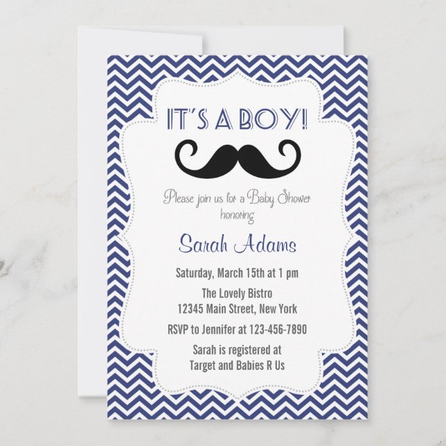 Mustache Fiesta Baby Shower Invitación a la Marina (Anverso)