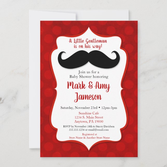 Mustache Invitación Baby Shower Pequeño Hombre Roj (Anverso)