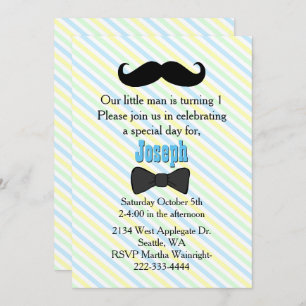 Mustache Invitación de primer cumpleaños a rayas