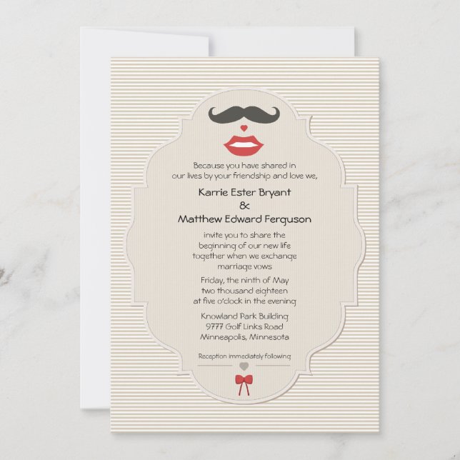 Mustache Lips Invitación a matrimonio retro (Anverso)