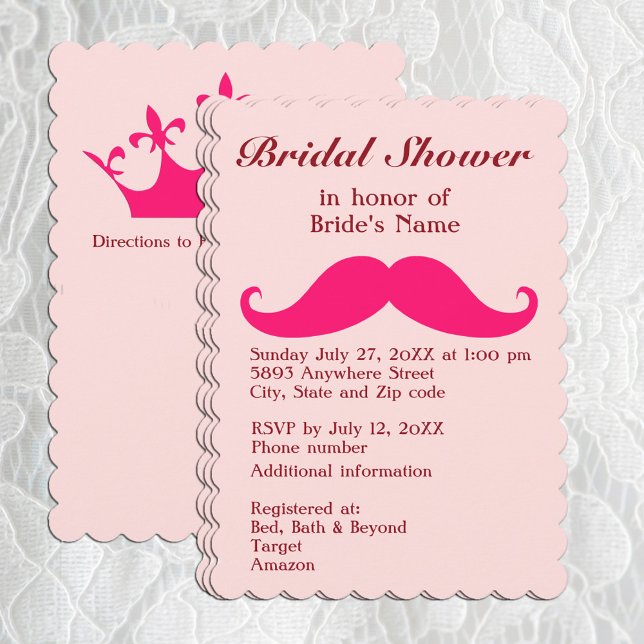 Mustache rosa y la invitación a la ducha de novia  (Pink Mustache and Tiara Bridal Shower Invitation)