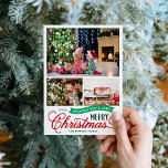 Muy Feliz Navidad Script 3 Foto<br><div class="desc">Un personalizado asequible imprimió tarjetas de foto navideñas con una plantilla sencilla de DIY para personalización. Este divertido diseño presenta una tipografía caprichosa en tonos rojos y verdes. El mensaje decía "Te deseo una feliz Navidad". La plantilla tiene espacio para 3 fotos familiares. Utilice las herramientas de diseño para editar...</div>