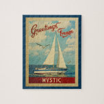 Mystic Connecticut Jigsaw Puzzle Sailboat Vintage<br><div class="desc">Este diseño náutico vintage de Greetings From Mystic Connecticut incluye un barco que navega en el agua con gaviotas y un cielo azul lleno de hermosas nubes blancas.</div>