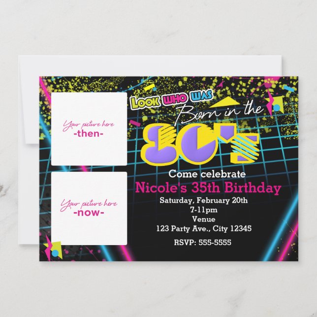 Nacido en la invitación de 2 fotos de los 80 (Anverso)