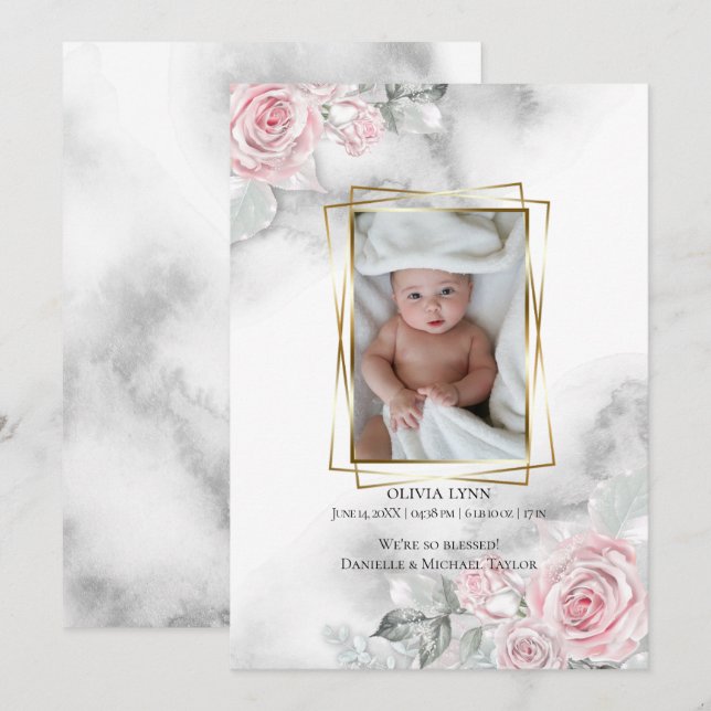 Nacimiento de foto bebé anuncio Floral rosa (Anverso / Reverso)