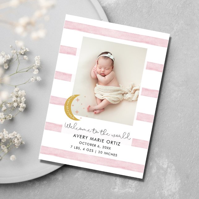 Nacimiento de la foto de las estrellas de la luna  (Baby Girl Pink Moon Stars Photo Birth Announcement)