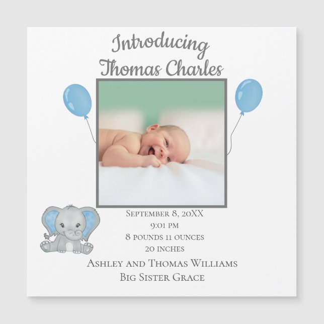 Nacimiento Estadísticas Niño Elefante Azul Invitac (Anverso)