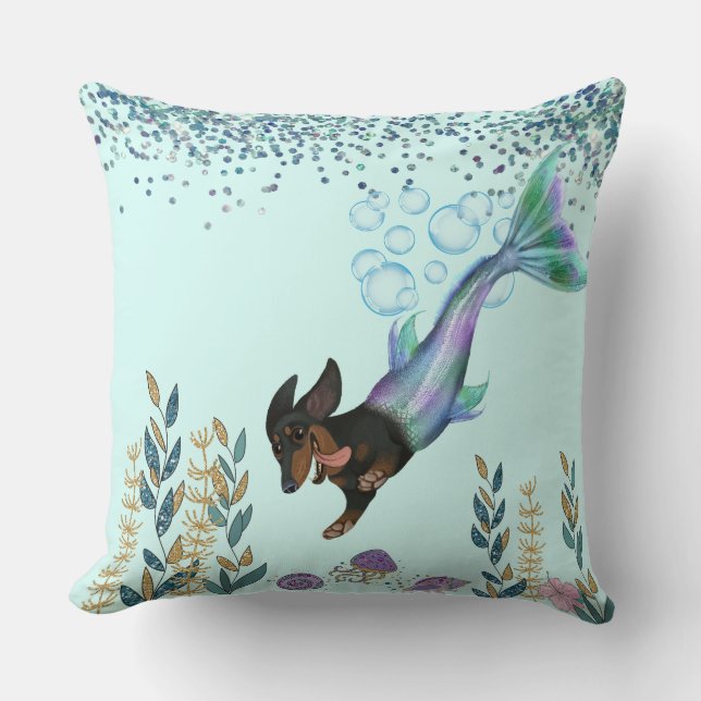 Nadando Dachshund Mermaid Tail Cojín decorativo (Anverso)