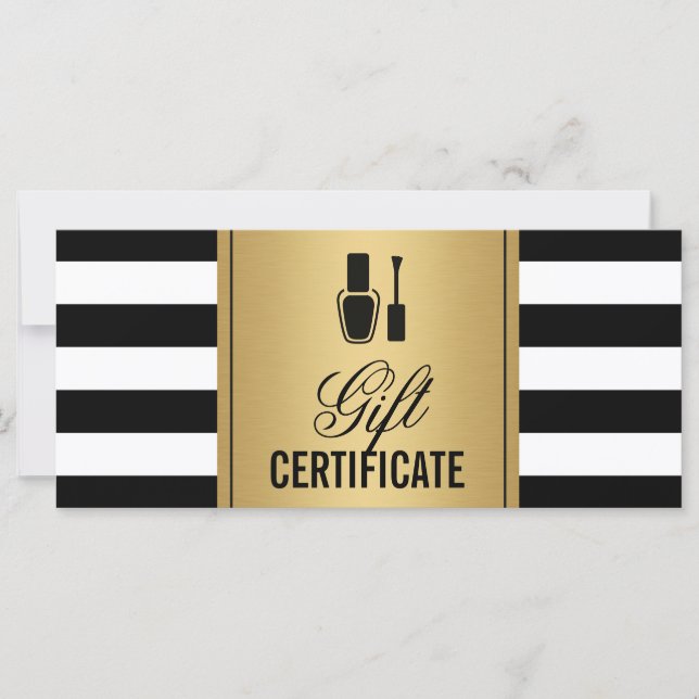 Nail Salon Gift Certificado Gold B&W Stripes (Anverso)