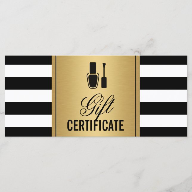Nail Salon Gift Certificado Gold B&W Stripes (Anverso)