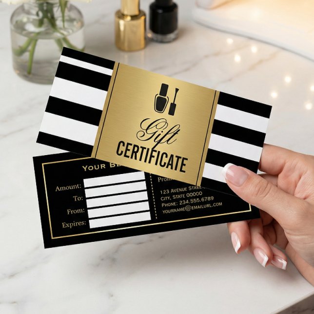 Nail Salon Gift Certificado Gold B&W Stripes (Subido por el creador)