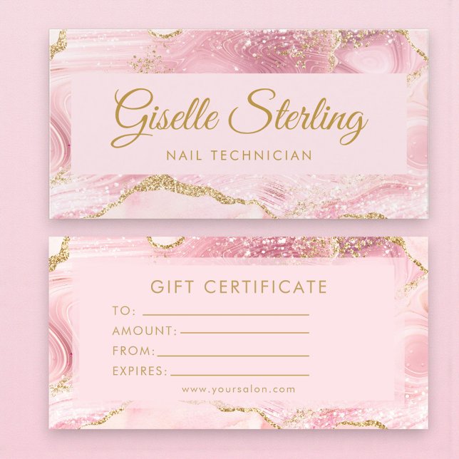 Nail Technician Pink Gold Agate Gift Certificate (Subido por el creador)