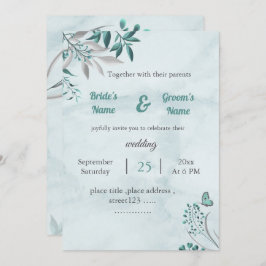 nalga azul romántico hojas floral tarjeta boda