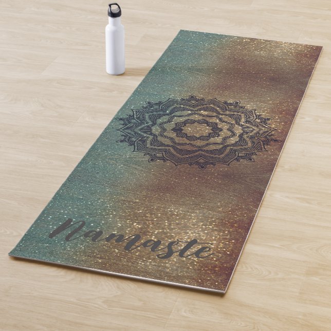 Namaste Bronze y Green Shimmery Mandala Yoga Mat (In situ)