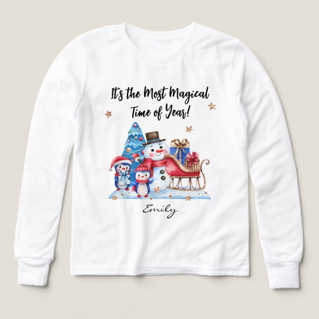 Name || Cute Snowman, Penguins Youth Long Sleeve (Diseño frontal)