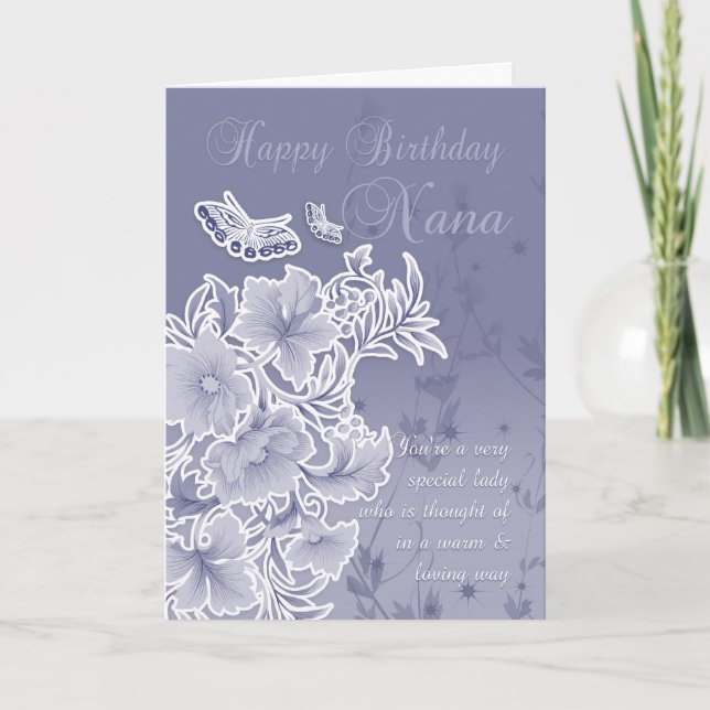Nana, Tarjeta De Cumpleaños Con Flores Y Mariposas (Anverso)