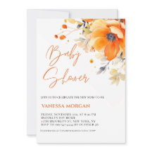 Naranja Acuarela Flores Invitación a la ducha para