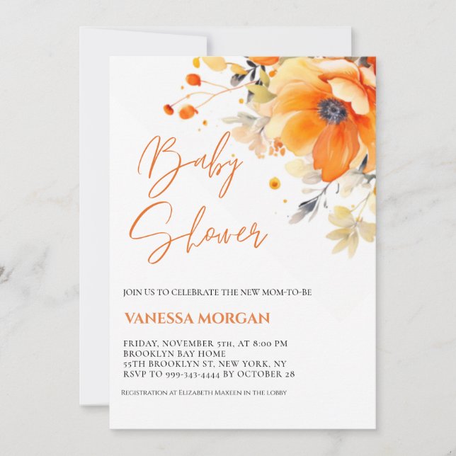 Naranja Acuarela Flores Invitación a la ducha para (Anverso)