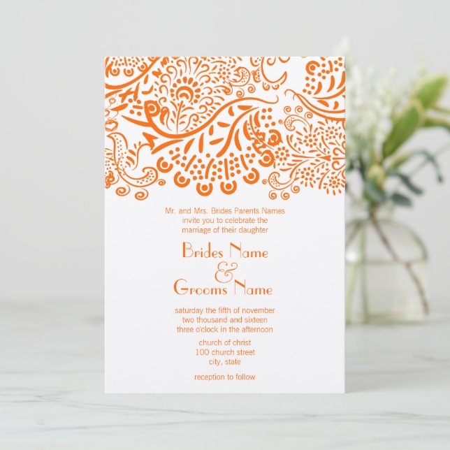 Naranja Amor Aves Invitación a la Boda (Anverso de pie)
