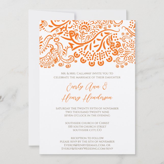 Naranja Amor Aves Invitación a la Boda (Anverso)